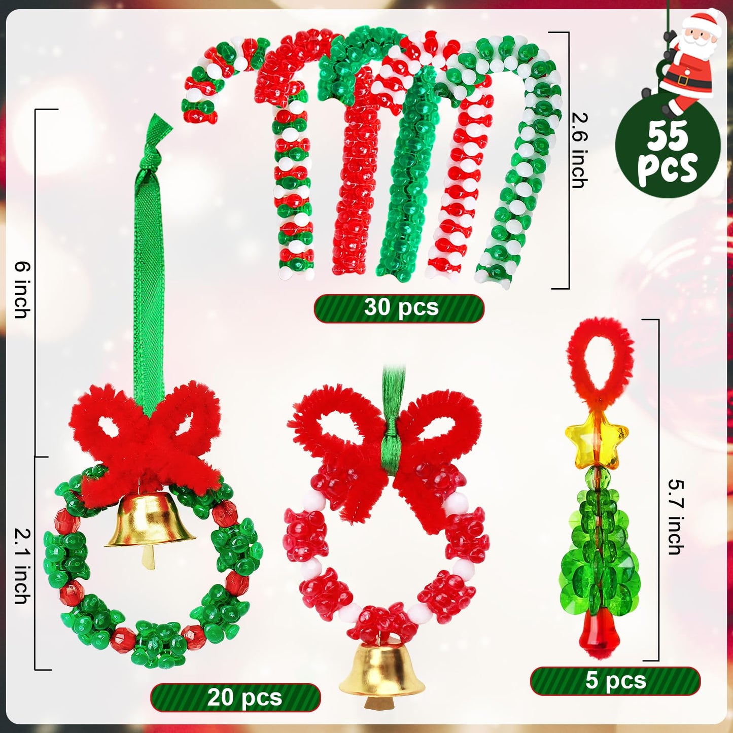 AWHETIE Christmas Crafts for Adults Kids,55 Sets Christmas Beaded Ornament Kit,Including 20 Pcs Wreath with Bell/5 Pcs Tree/30 Pcs Candy Cane,Holiday Tree Decorations Party Supplies
