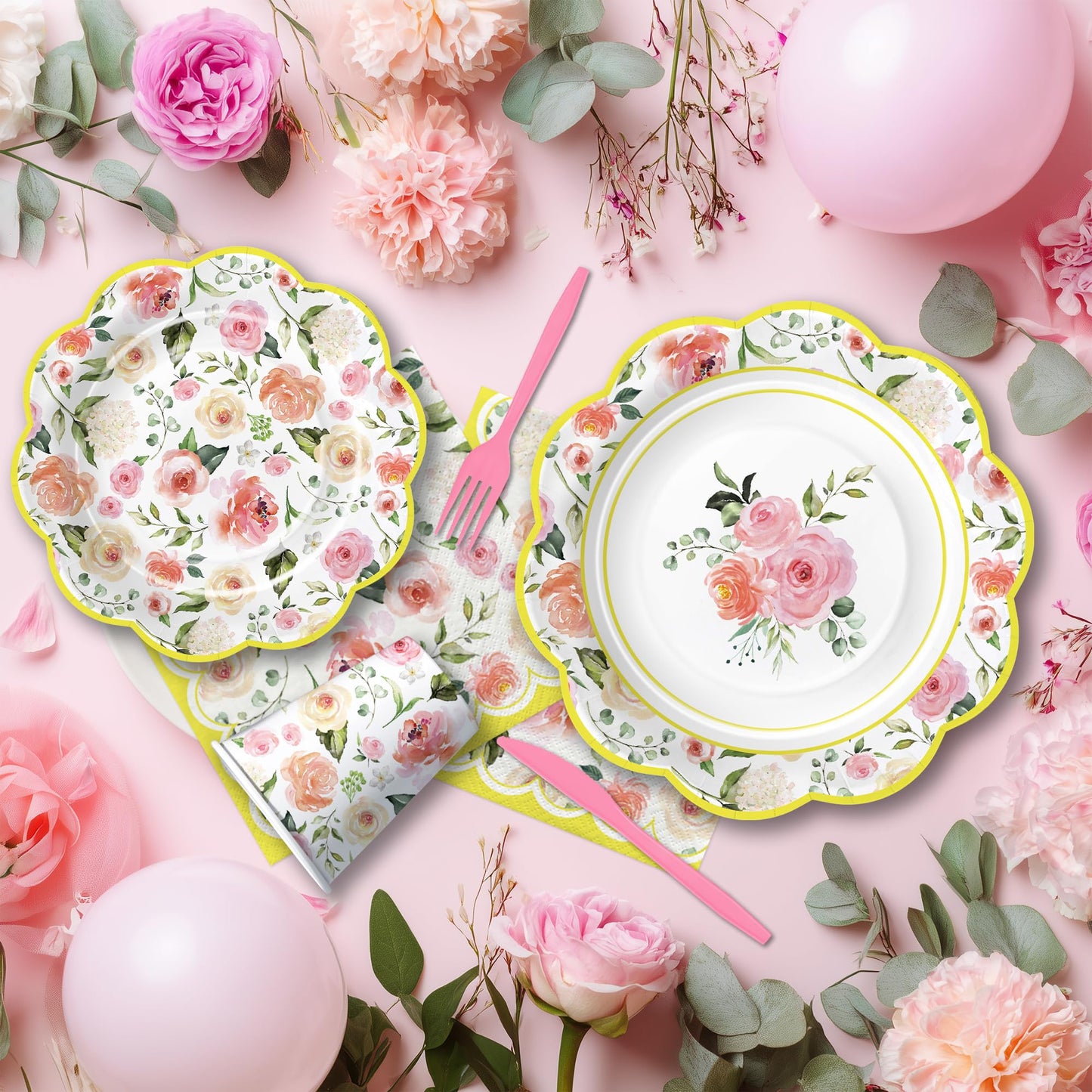 Owelleny Flower Floral Party Decorations, Spring Summer Elegant Garden Floral Party Supplies for Birthday Bridal Wedding Baby Shower, Disposable Paper Plate, Cup, Napkin, Banner, Cutlery, Serves 24