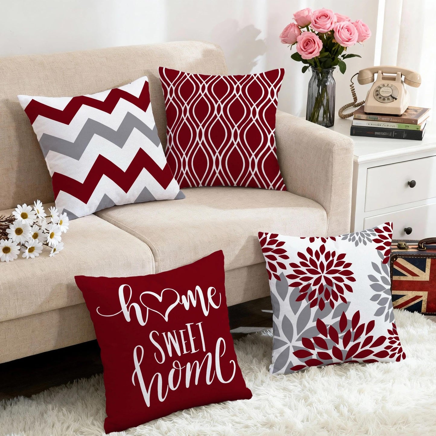 Hexagram Geometric Burgundy Pillow Covers 18x18 Set of 4, Decorative Outdoor Boho Modern Throw Pillow Covers, Home Sweet Home Farmhouse Cushion Case for Couch Sofa Bedroom Indoor Decor(No Insert)
