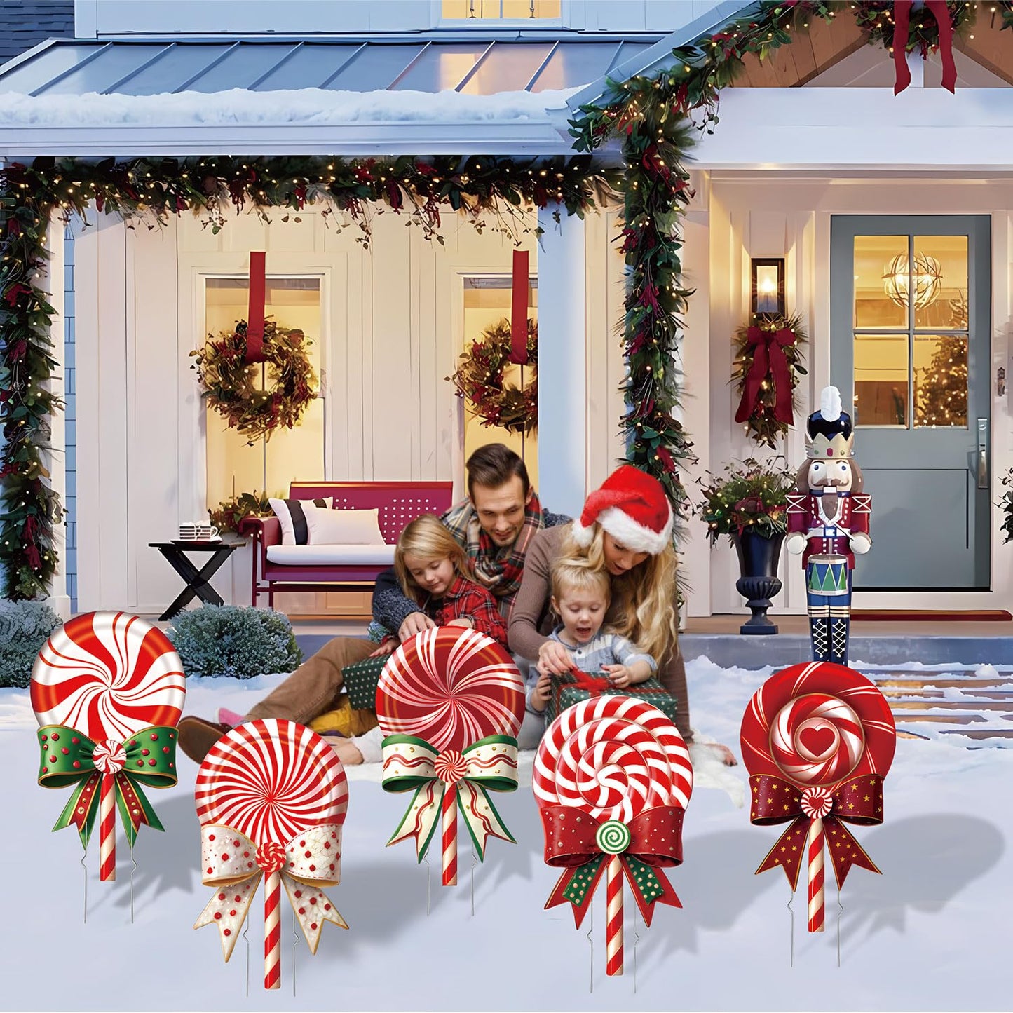 BoGlowHaven Outdoor Christmas Decorations Jumbo 24 Inch Lollipop Yard Signs 5ct with 20 Stakes 10 Fiberglass and 10 Metal Waterproof Holiday Christmas Decorations for and Garden Waterproof