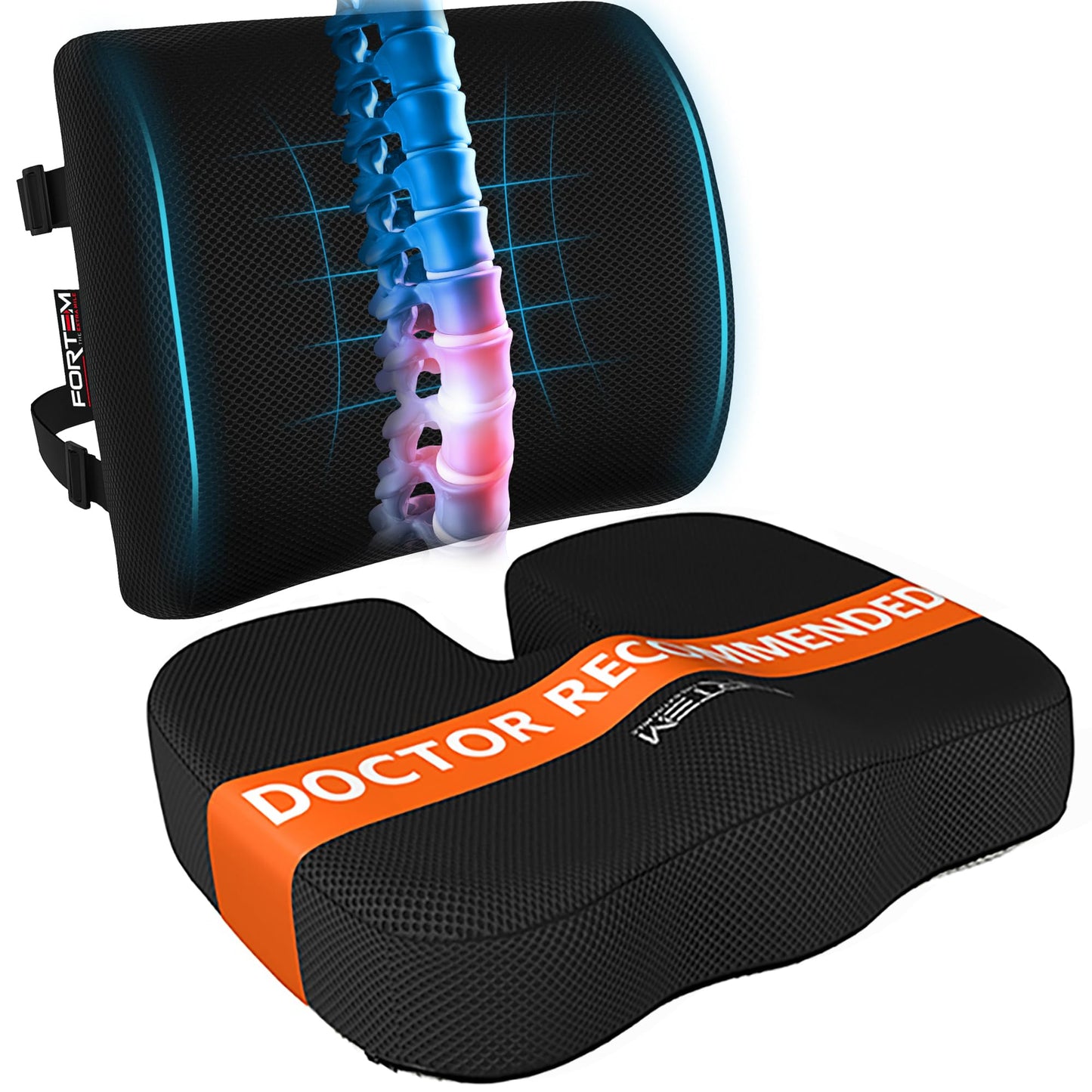 FORTEM Seat Cushion, Office Chair Cushion, Lumbar Support Pillow for Office Chair, Memory Foam Sciatica Coccyx Tailbone Pressure Pain Relief, Car Sitting Pad, Washable Non Slip