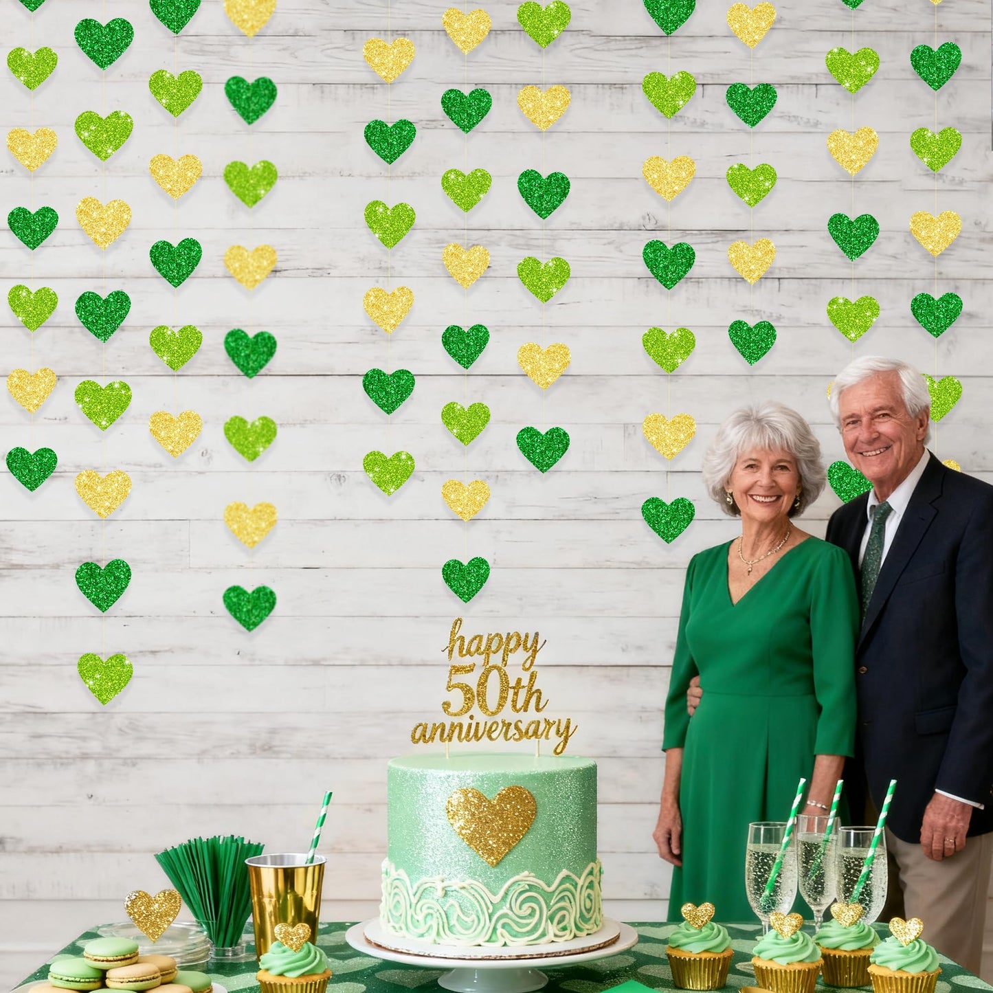 Gold and Green Heart Party Decorations Glitter Paper Love Heart Hanging Banner Streamer Garland for Birthday Wedding Valentines Day Spring Master Golf St Patrick's Day Christmas Holiday Party Supplies