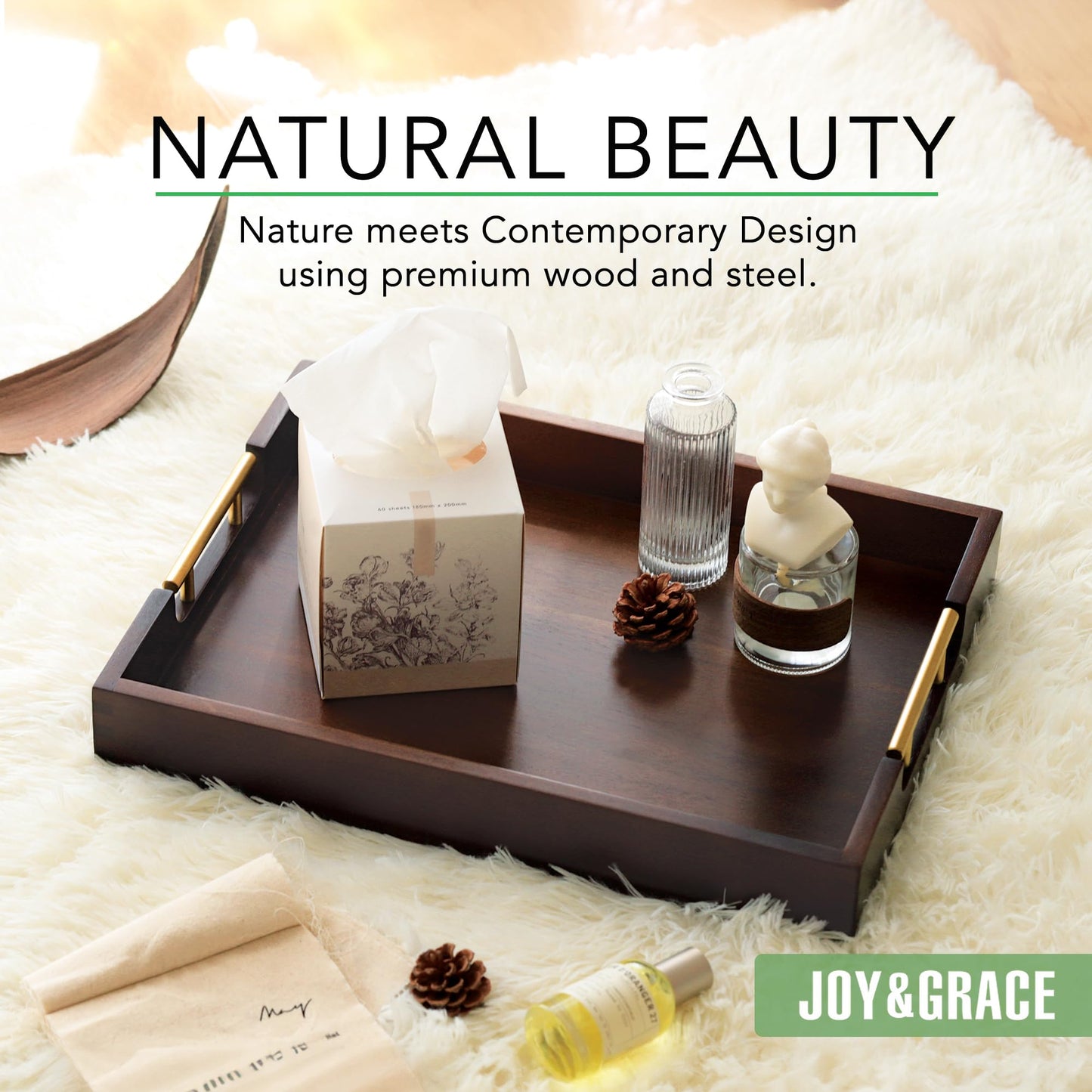 Joy&Grace Ottoman Tray for Living Room, Large Acacia Wooden Serving Tray with Handles for Coffee Table, Breakfast in Bed, Food Dinner, Decorative Tray (Sleek Brown, 16.7" x 12.8" x 2")