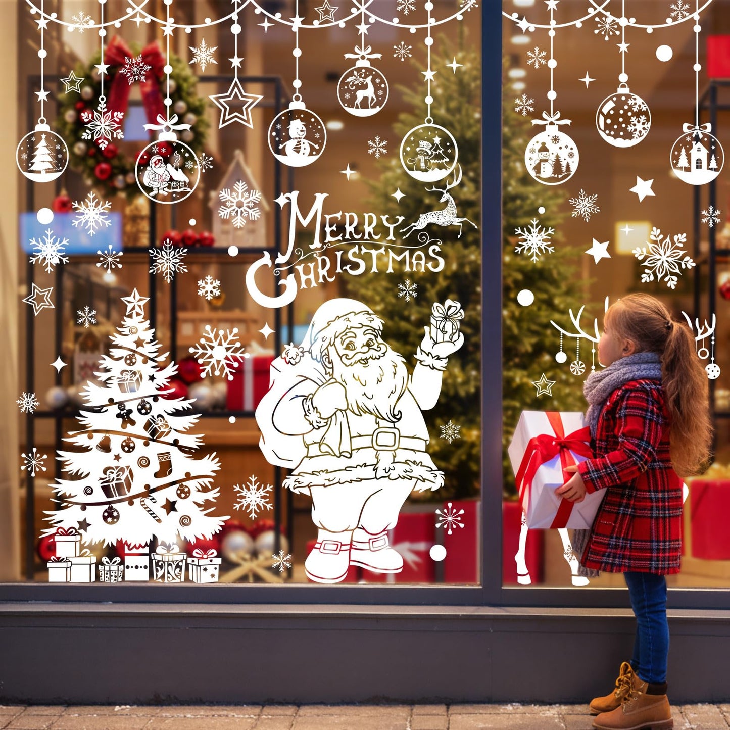 HEEKPEK 163PCS Christmas Window Clings Decorations Large Merry Christmas Double Sided Stickers, Santa Claus Xmas Tree Reindeer Decals for Home Office School (14 Sheets)
