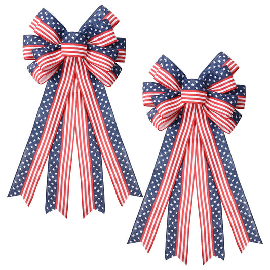 SY Super Bang 2PCS 4th of July Decorations, Red White Blue Wreath Decor for Front Door, Stripe Stars Tree Topper Patriotic Bows, for Independence Day, Memorial Day, Indoor/Outdoor Home Holiday Party.