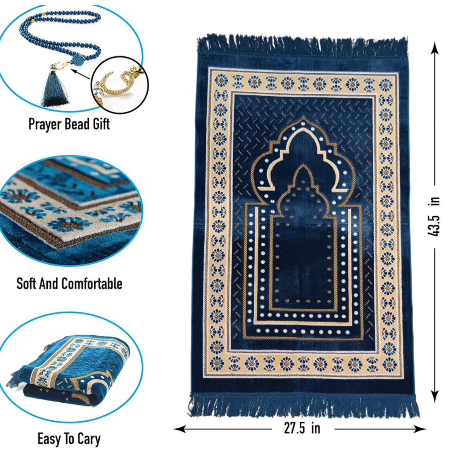 Prayer Mat Rug for Muslim Men, Women or Kids, Portable Praying Mat and Prayer Beads Sets for Islamic Gifts – Muslim Prayer Rug For Ramadan, Umrah, Hajj - Turkish Rug for Meditation and Worship (BLUE)
