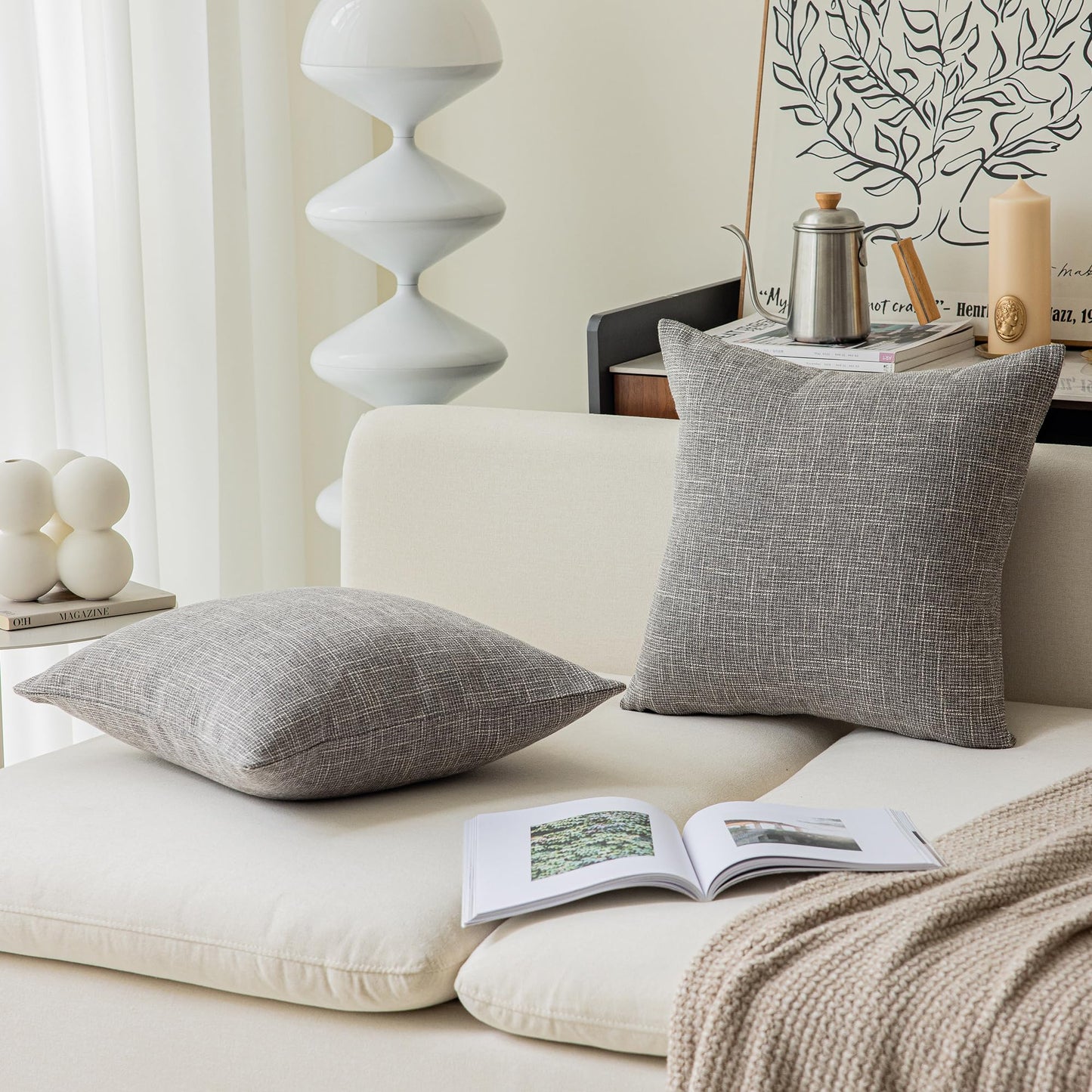 Kevin Textile Faux Linen Square 2 Tone Woven Throw Pillow Covers Sham Cushion Case for Car/Couch Use, 18-inch(2 Packs, Grey)