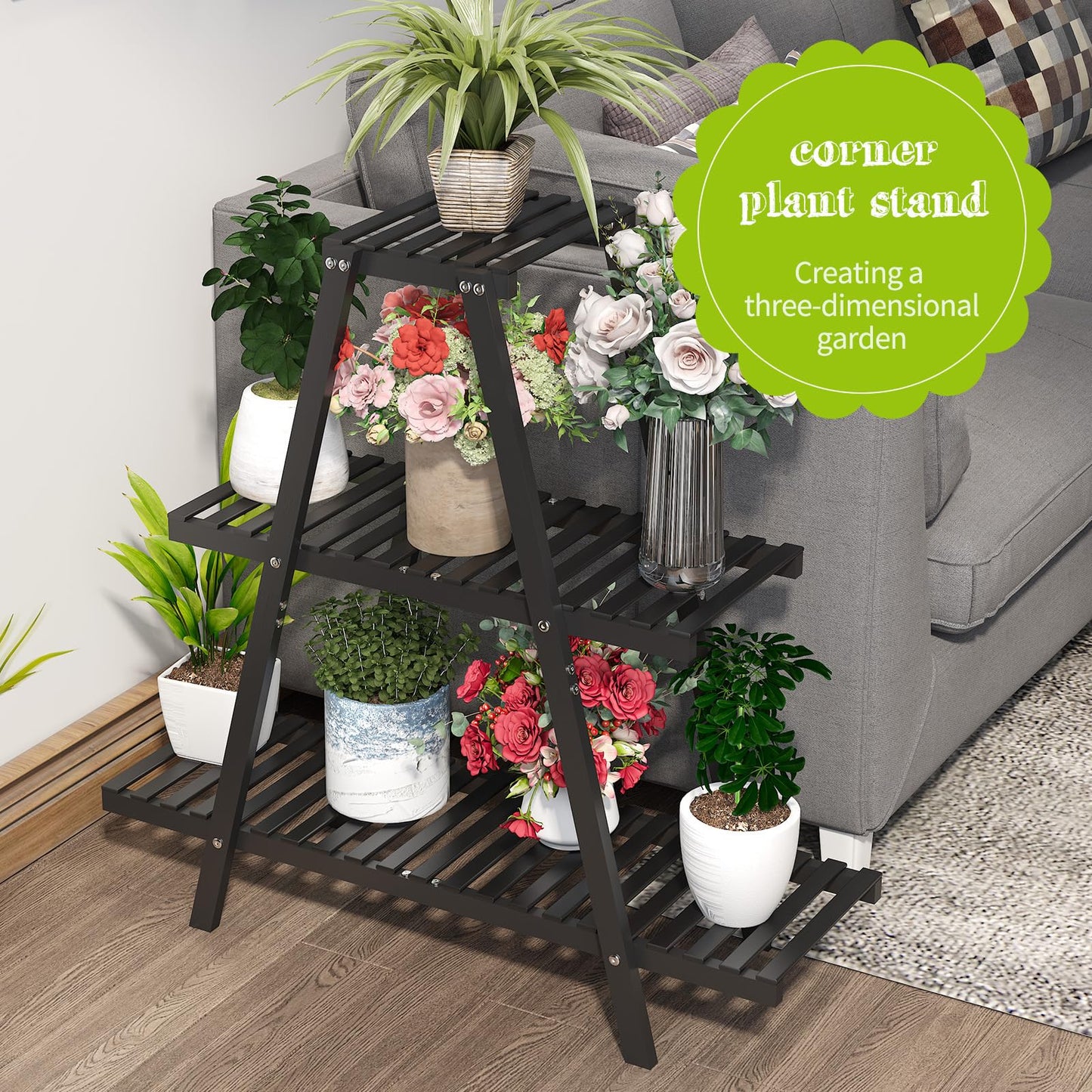 BMOSU Plant Stand Bamboo for Indoor Outdoor Tiered Plant Shelf 8 Potted Flower Holder Ladder Rack Garden Balcony Living Room Patio(3 Tier Black)