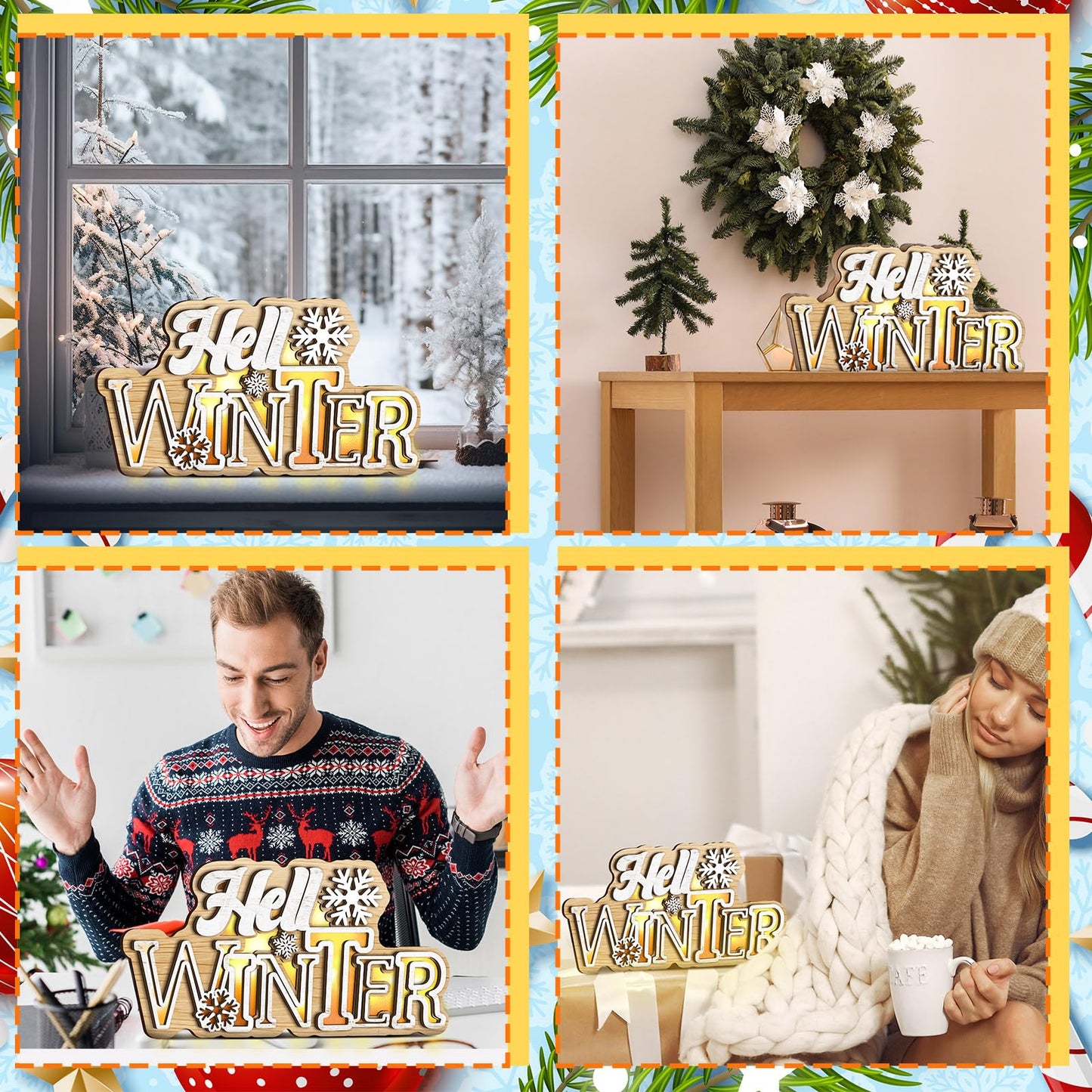 Glooglitter Hello Winter Snowflake Wooden Tabletop Decoration Winter Sign LED Snowflake Centerpiece Wood Plaque Freestanding Wood Sign for Xmas Table Party 13.8 x 3.5 Inch