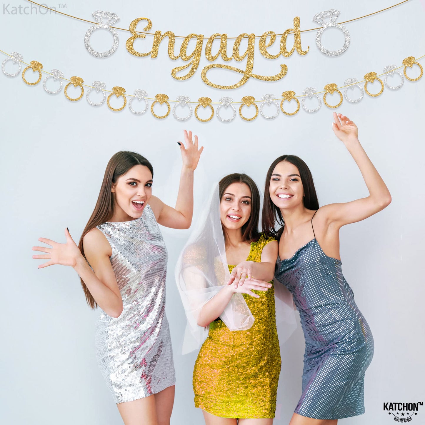 KatchOn, Pre-Strung Gold and Silver Glitter Engaged Banner - 2 String, 10 Feet, No DIY | Engagement Party Decorations | Banner for Bachelorette Party Decorations, Engagement Decorations, She Said Yes Decorations