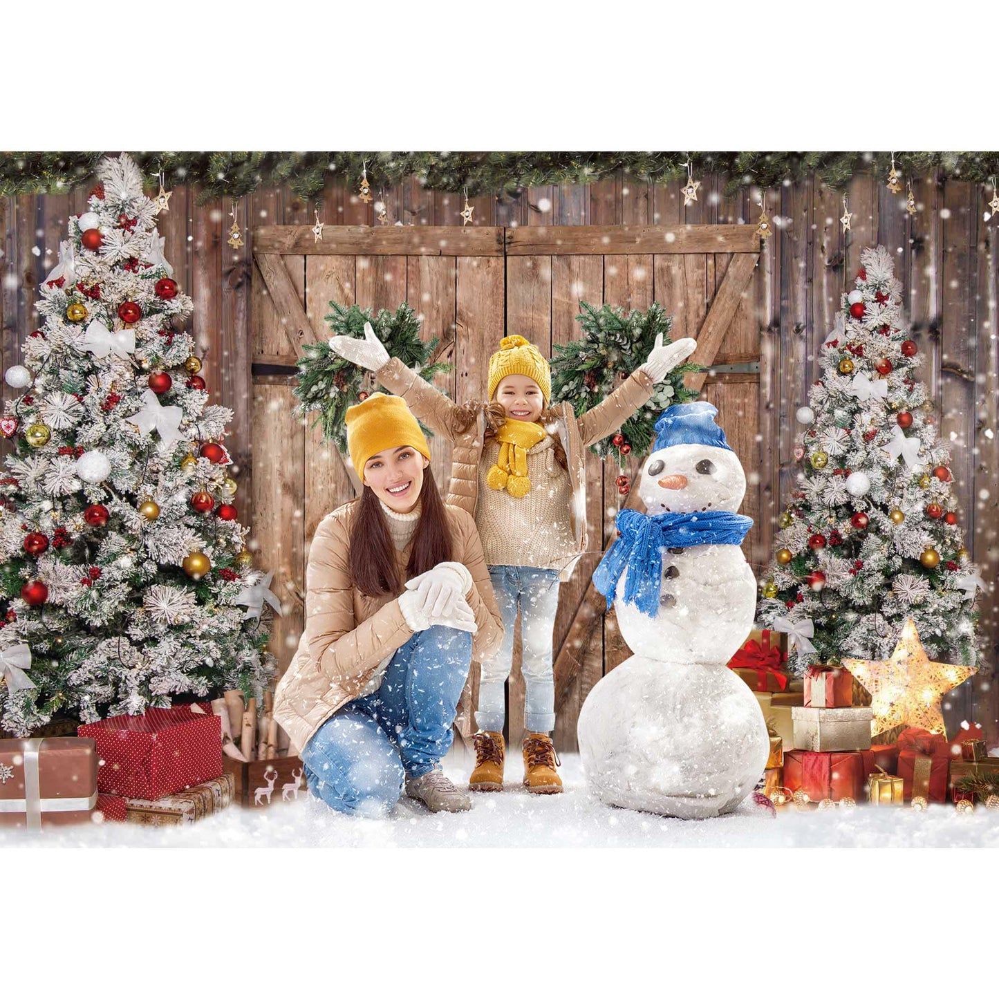 Felortte 7x5FT Polyester Fabric Winter Christmas Rustic Barn Wood Door Photography Backdrop Xmas Tree Snow Background Banner for Family Holiday Party Decoration Supplies Photo Studio Props Pictures