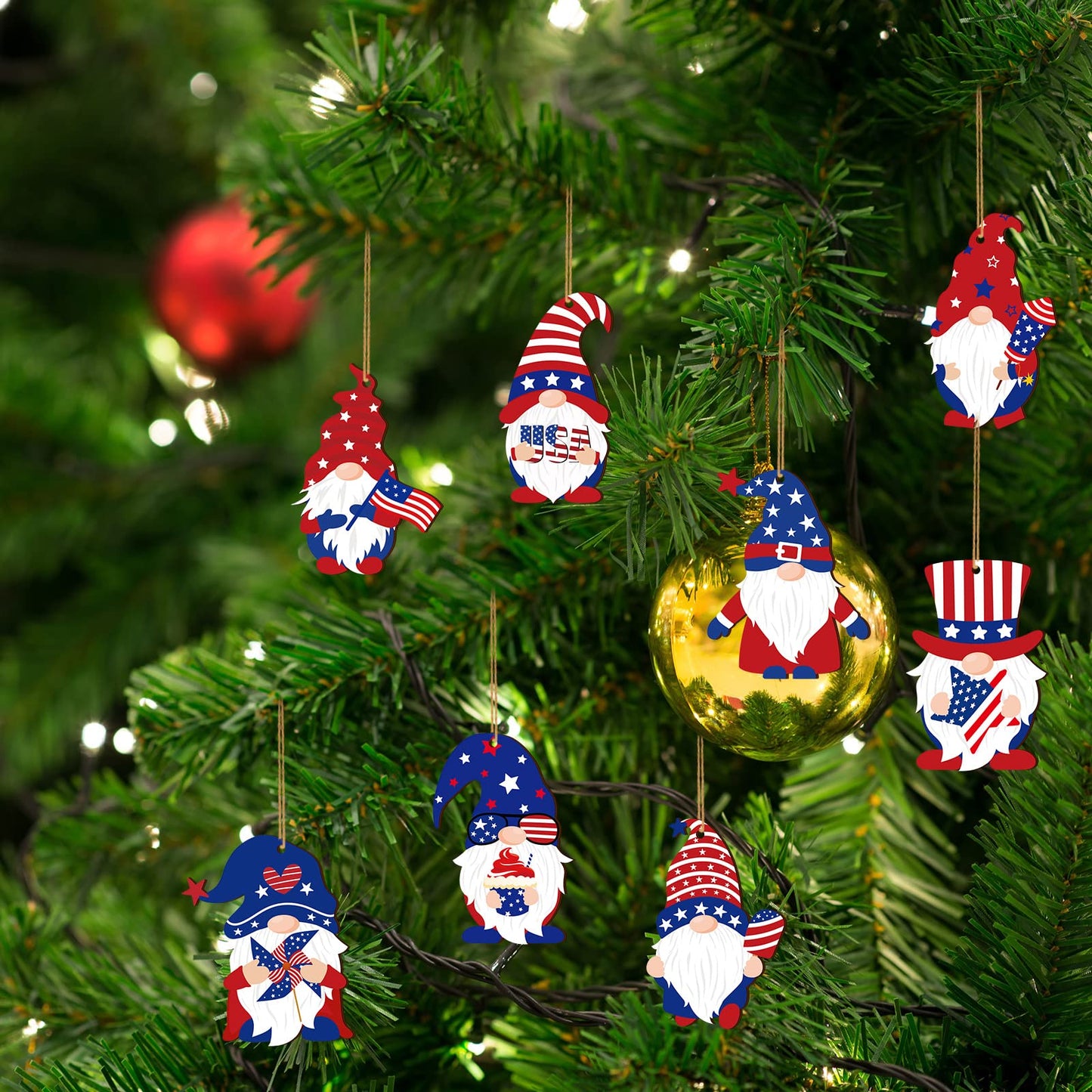 Capoda 4th of July Gnome Ornaments Independence Day Hanging Decorations Patriotic Tree Decor Wooden Red White and Blue Wooden Gnome Hanging Decoration for Independence Memorial Day Party(24 Pieces)