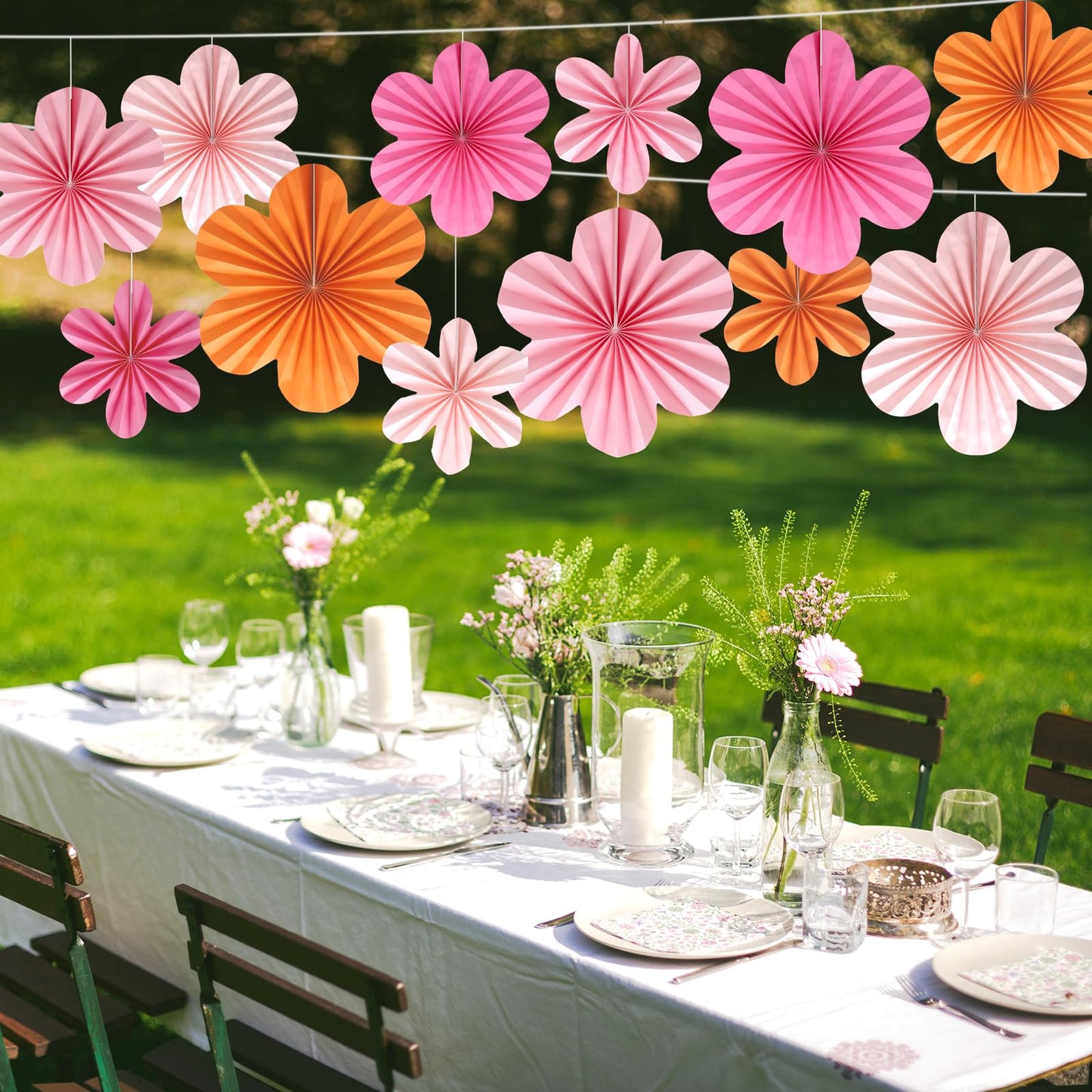 BestoFun 12 PCS Paper Flowers Fans Pink and Orange Party Decorations Paper Flowers Decorations for Wall Girl Groovy Birthday Baby Shower Wedding Bachelorette Room Hanging Décor