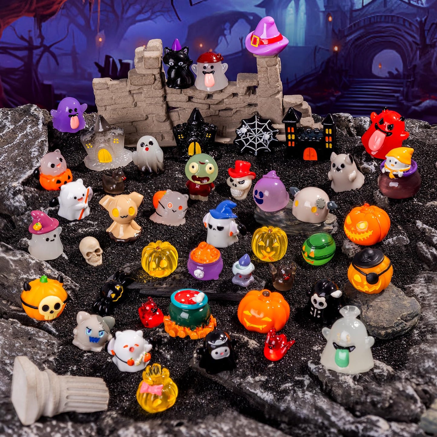Teenzee 44P Mini Halloween Figurines Tiny Figures Resin Miniature Little Small Figurines Bulk for Micro Fairy Garden Landscape Accessories Hide Crafts Decor