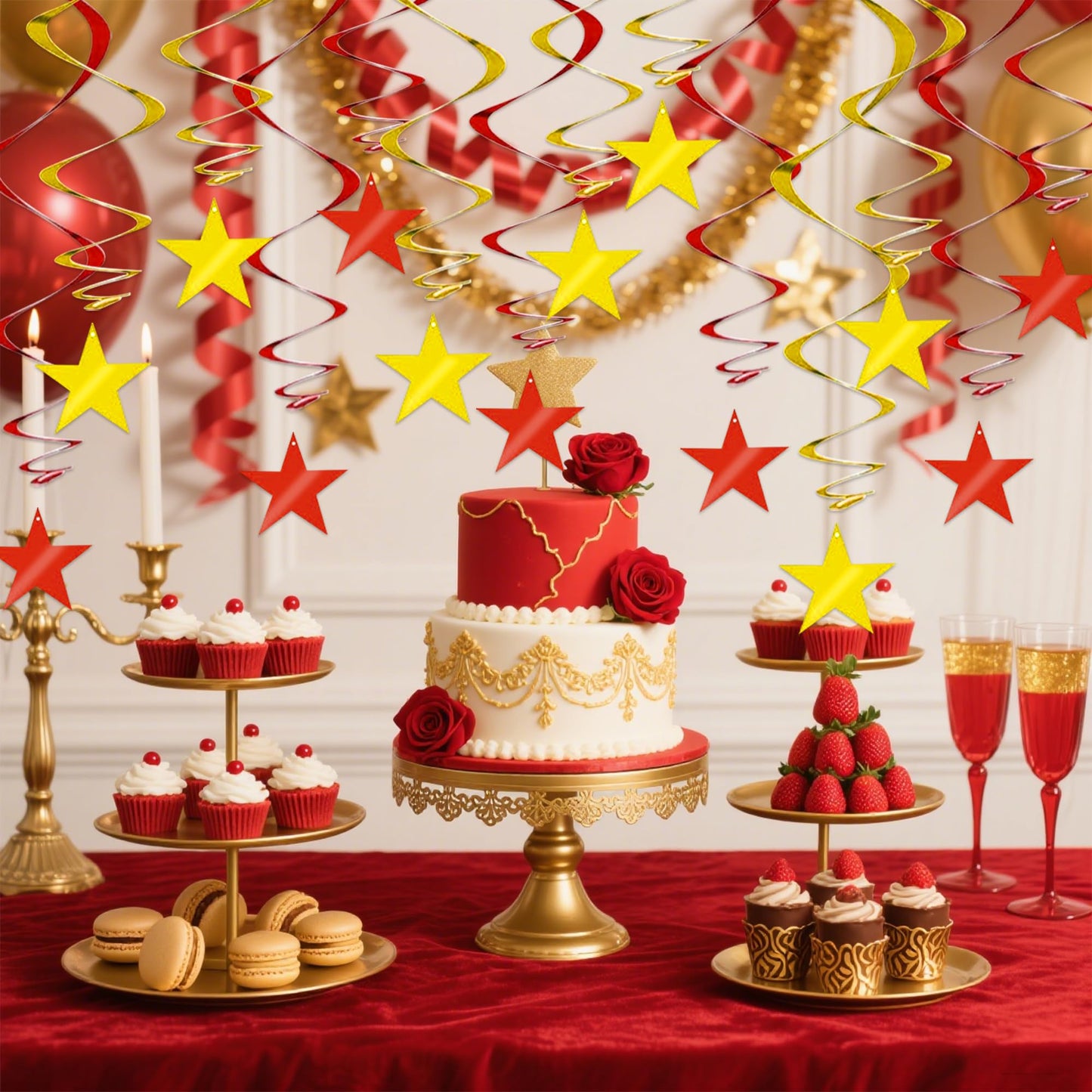 BEISHIDA Red Gold Star Hanging Swirl Ceiling Hanging Decorations for Happy New Year 2026 Party Spring Festival Chinese Lunar Valentine Graduation Birthday Wedding Decorations, Pack of 15