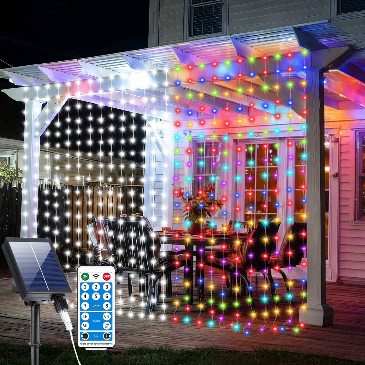 Solar Curtain Lights 10x10Ft 300LED Twinkle Fairy String Lights Multicolor Cool White Dual Color Changing Dimmable Waterproof Remote Timer Memory for Christmas Wedding Pergola Patio Outside