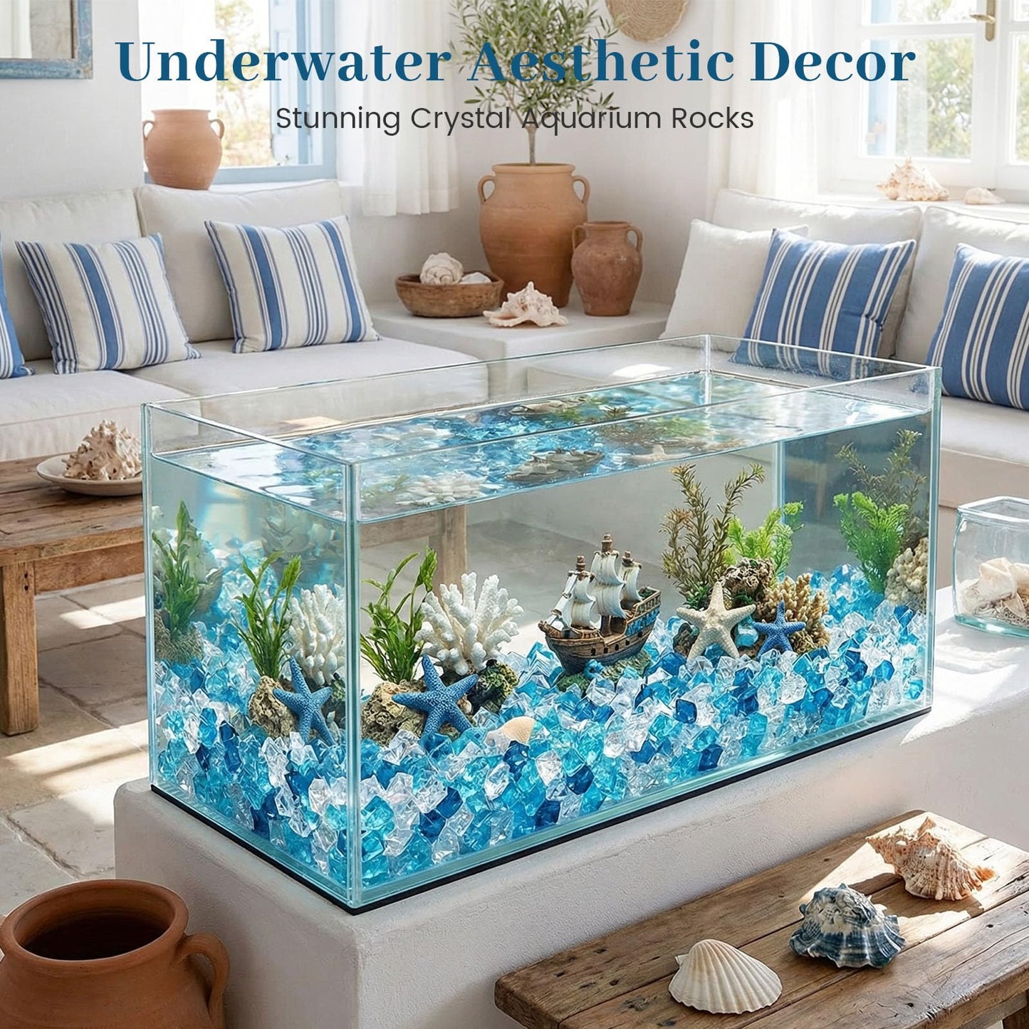 DomeStar 150PCS Assorted Blue Fake Ice Rocks Vase Fillers, Aquarium Gravels Small Stones for Fish Tanks Decorations Home Table Scatter