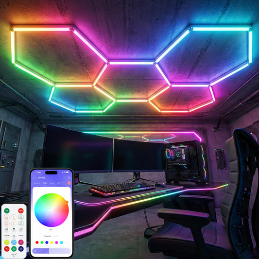 RGB Hexagon Garage Lights - LED Hexagon Lights with Music Sync Mode & 358+ Colors, Dimmable & Speed Modes, APP & Remote Control, DIY Honeycomb Ceiling Light for Gaming Room, Gym, Garage,Workshop