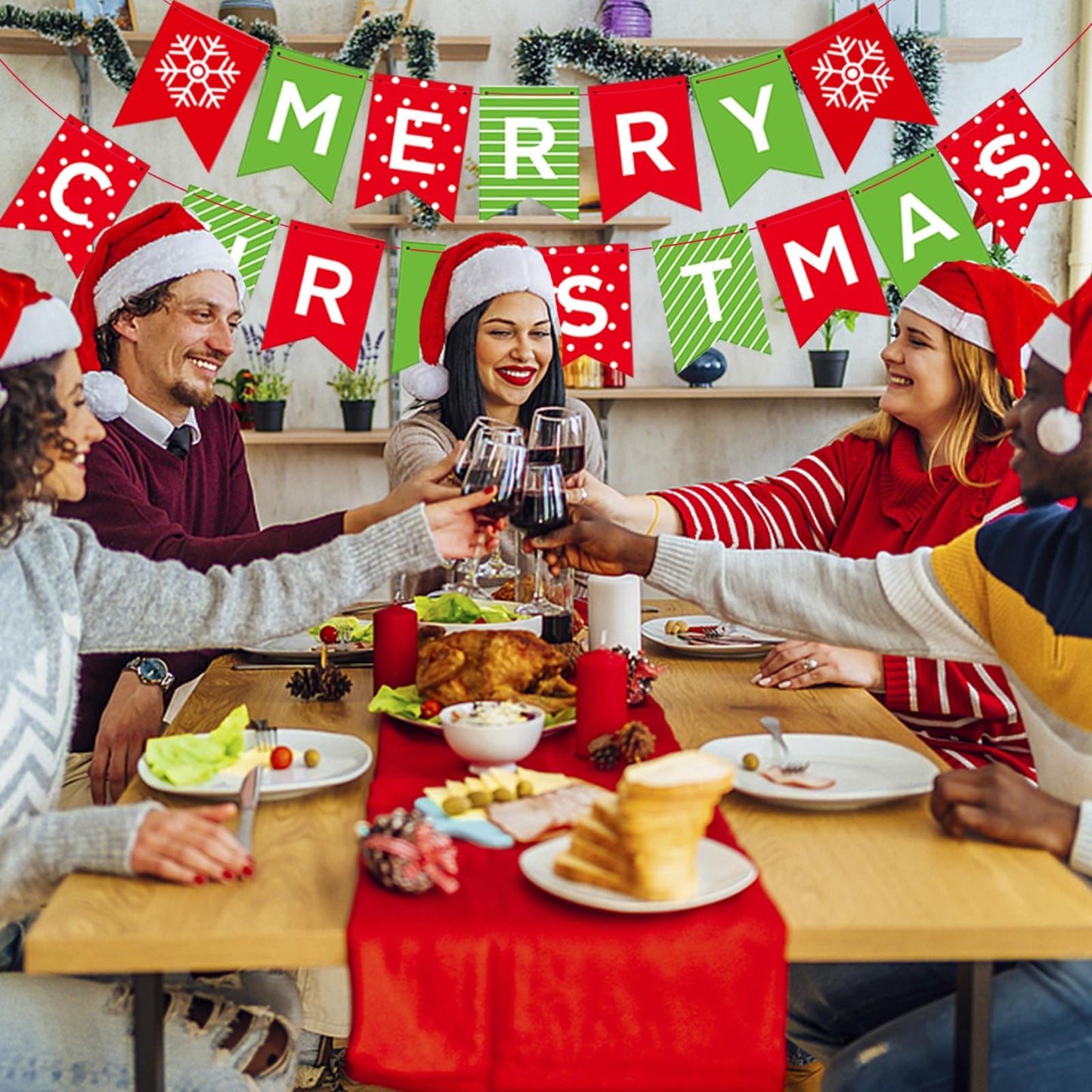 Merry Christmas Banner - Premium Heavyweight Paper Holiday Sign with String & Threading Needle for Indoor Fireplace, Wall, Windows | Traditional Festive Decor (Merry & Bright) (double-sided)