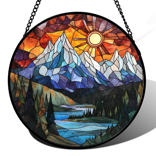 AMDERVEN Stained Glass Window Hanging - Colorful Mountain Lake Landscape Sun Catcher for Door Garden Home Decor Suncatcher Christmas Mother's Day Birthday Gifts for Women Men Mom Nana 6.3 in