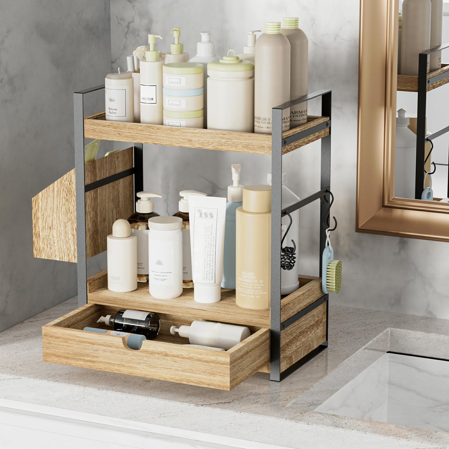 Aollewoiti 2-Tier Bathroom Counter Organizer with Drawer and Basket, Wood Countertop Organizer for Storage, Skincare Organizers for Vanity, Counter Shelf for Bathroom Organization