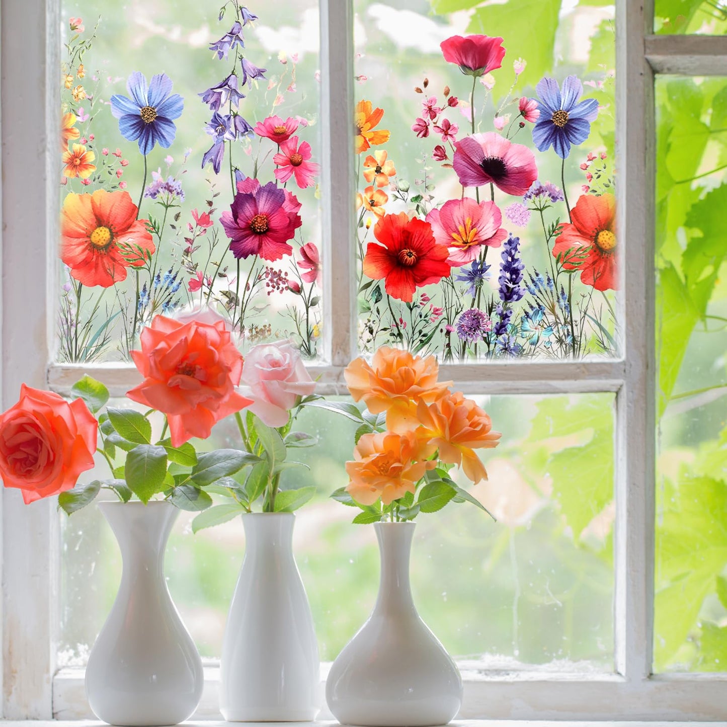 HJZHII Flower Window Sticker, Double Sided Floral Glass Wall Stickers Flower Window Clings Wildflower Grass Decals for Home Glass Door Office Decor
