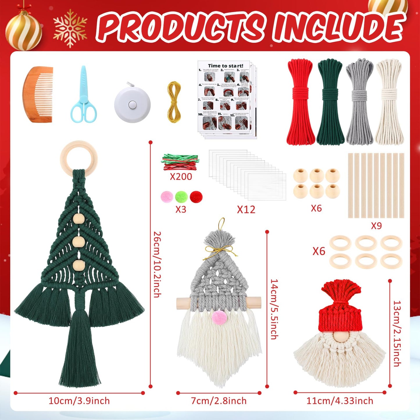 Suncalla 12 Set DIY Christmas Macrame Gnomes Santa Claus Kit DIY for Christmas Tree Decor Xmas Tree Hanging Ornament Kit Handmade Products for Beginners Adult Crafts Instructions Included