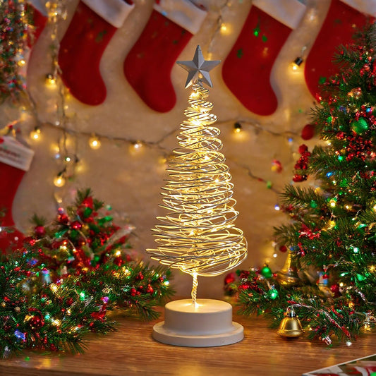 Christmas Tree Table Lamp, LED Christmas Spiral Night Light with Glittering Star, Battery Operated Table Decoration Light for Indoor Outdoor Restaurant Commercial Event Xmas Night (White)