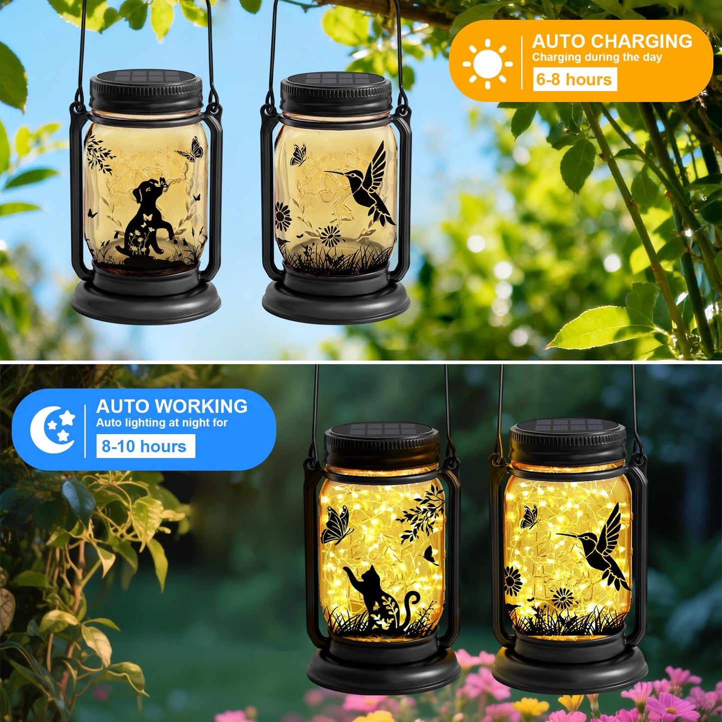 ANGMLN Hummingbird Solar Lanterns Outdoor Waterproof -Gifts for Women Mom Grandma Birthday, Mothers Day, Mason Jar Hanging Lights for Patio, Yard, Porch, Balcony, Garden Decor