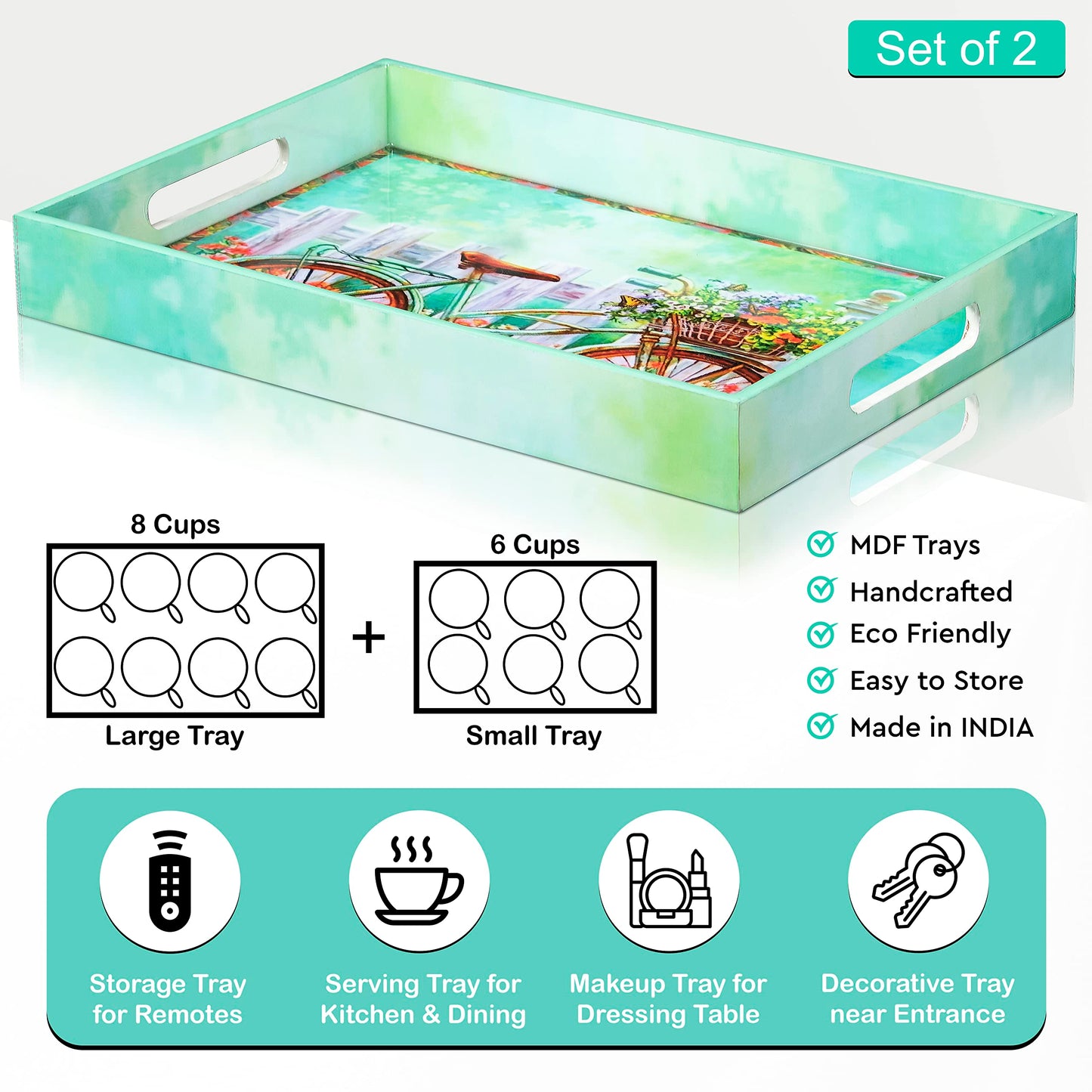 Crocon Wooden Serving Tray with Handles – Set of 2 Rectangular Trays – Cycle Print Decorative Trays for Coffee Table, Kitchen, and Home Décor
