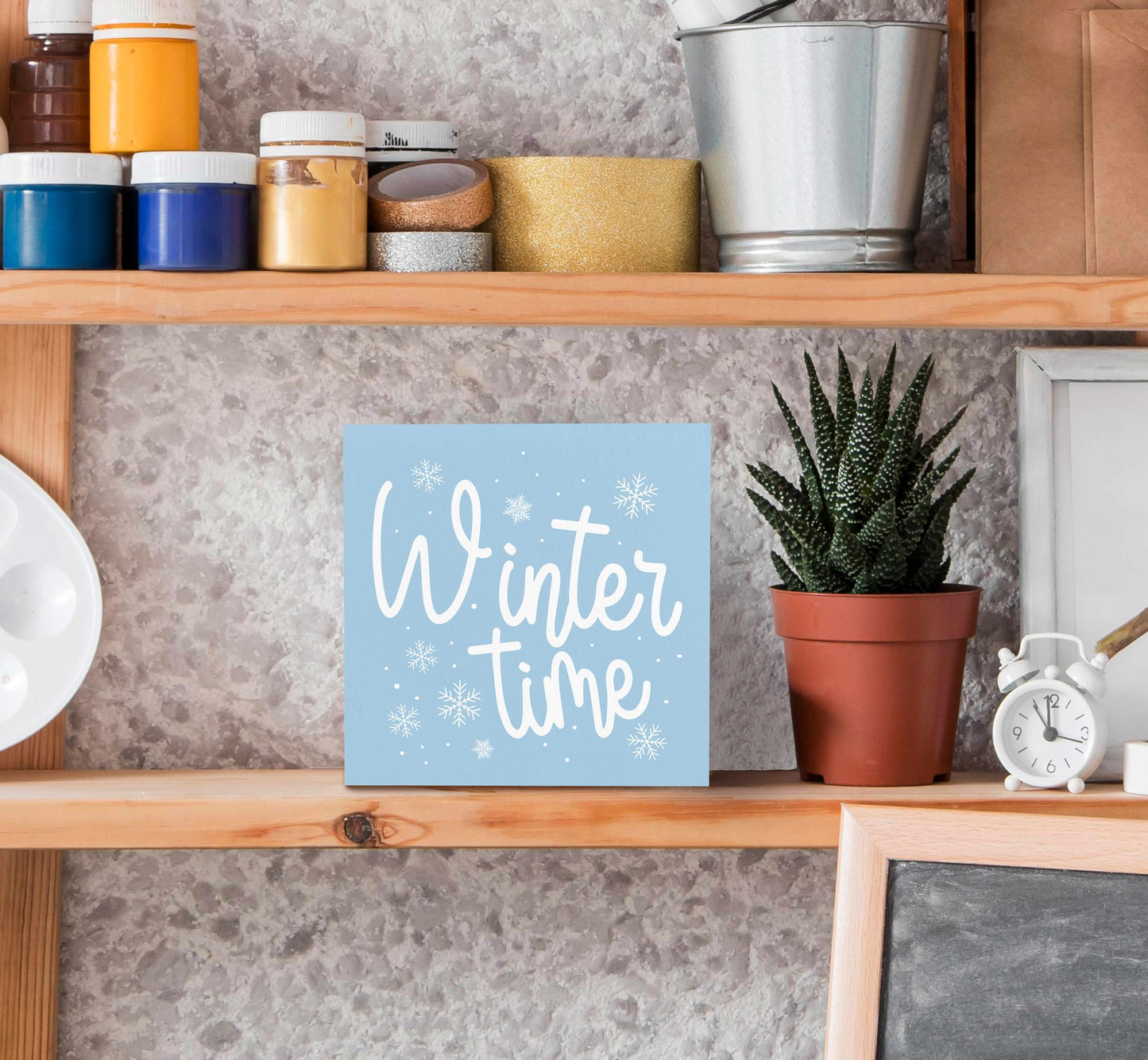 SRADMO Winter Time Christmas Blue Wooden Sign Desk Decor, Modern Farmhouse Pastel Blue Snowflake Christmas Wood Block Signs for Home Office Xmas Party Holiday Desk Table Shelf Decorations, 5x5 Inches