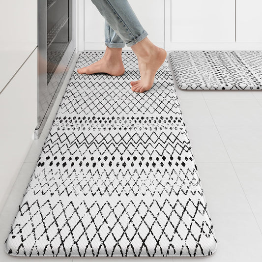 KIMODE Kitchen Mats 2PCS,Cushioned Anti Fatigue Kitchen Rugs and Mats,Non Skid Waterproof Kitchen Mats for Floor,Comfort Foam Standing Mat for Home Decor, Office,Sink,Laundry Room,Desk,Black and White