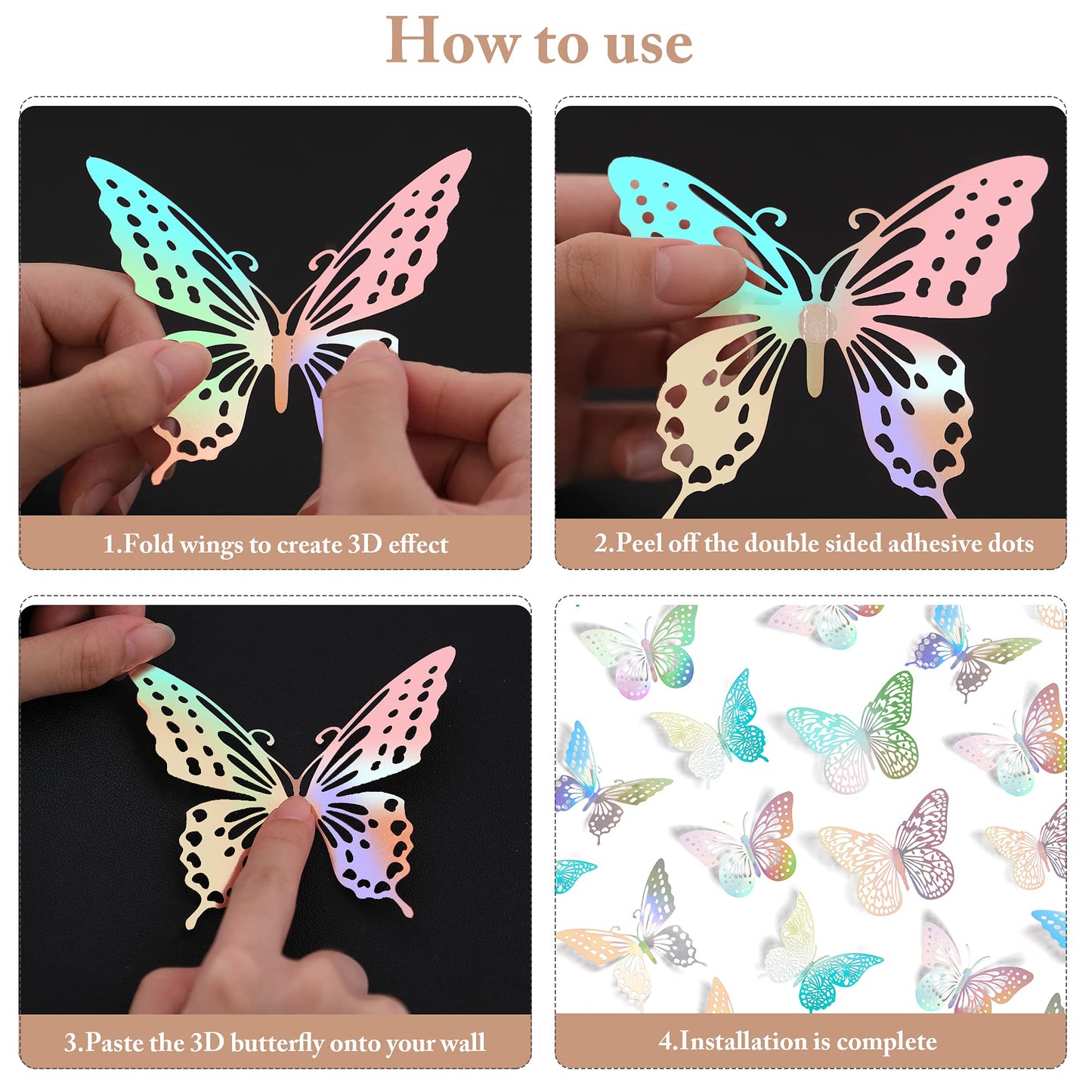 SAOROPEB 3D Butterfly Wall Decor - 48 Pcs, 4 Styles, 3 Sizes - Removable Stickers (Laser)