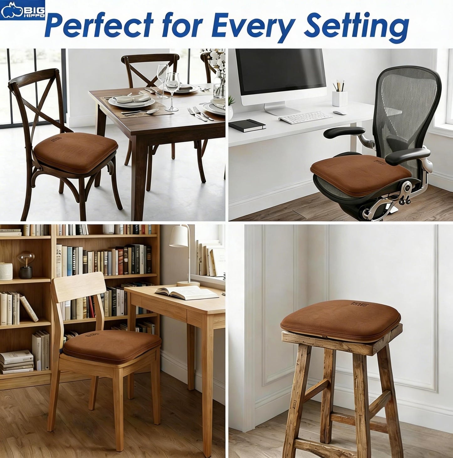 Big Hippo Chair Pads, Memory Foam Chair Seat Cushion Non Slip Rubber Back Thicken Chair Padding with Elastic Bands for Home Office Outdoor Seats (Brown-1pc)