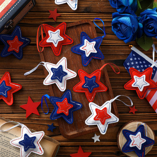 Geelin 18 Pcs Patriotic 4th of July Ornaments Felt Star Memorial Day Decoration for Tree 250th Anniversary Tree Decorations Red Blue White 3.14 Inch Hanging Stars for Party Decor(Classic Style)
