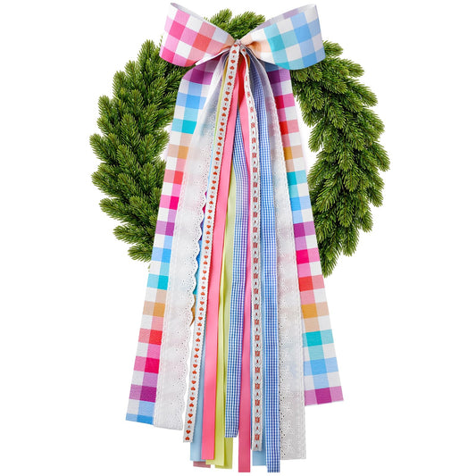 Riceshoot Large Spring Wreath Sash for Front Door Bow for Wreath Pink Plaid Wreathribbon Coquette Front Door Hanger with Clip 9.84'' x 23.62'' Cute Wreaths Accessories for Easter Wall Decoration