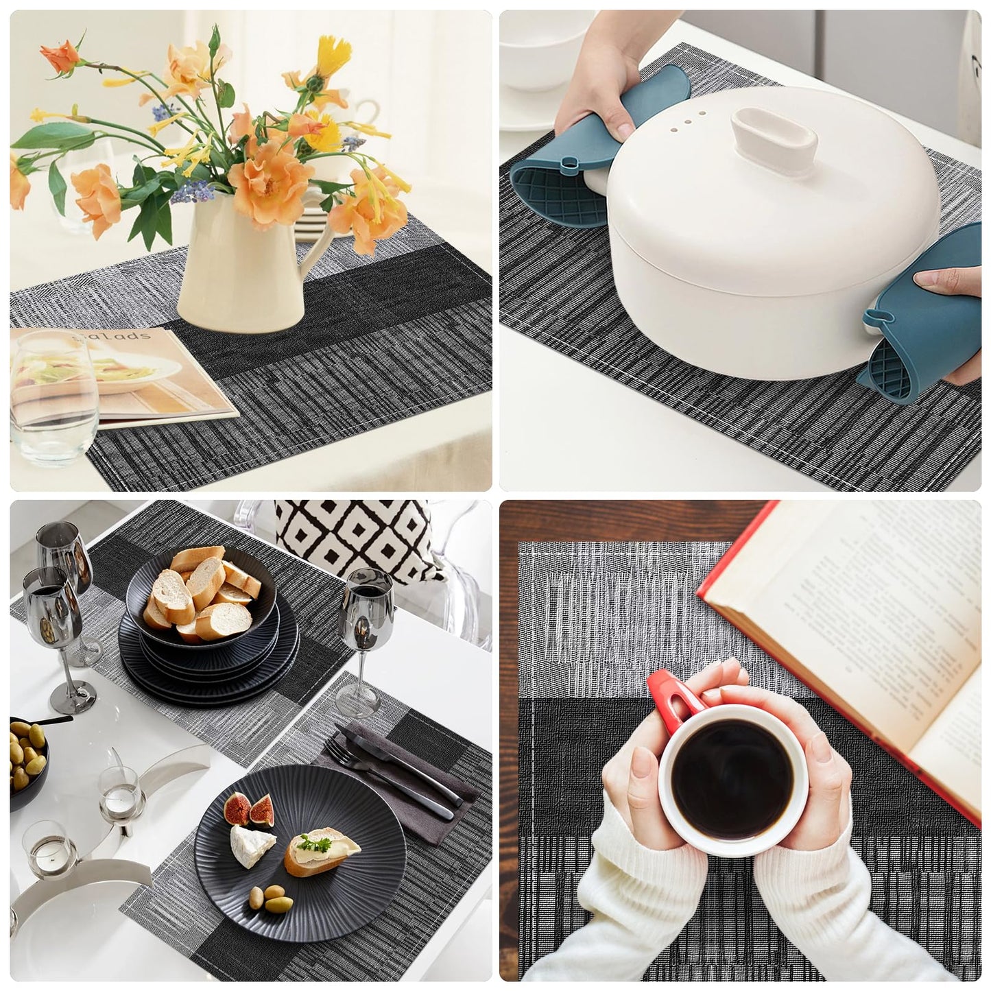 Niviy Black Placemats Set of 4, 12x18 Inch Washable Easy to Clean Heat-Resistant Anti-Skid Indoor Outdoor Table Mats for Holiday Party Kitchen Dining Room Decoration