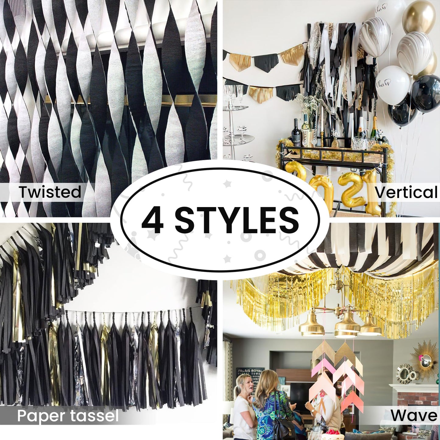 PartyWoo Black Gold Silver Crepe Paper Streamers 10 Rolls 820 ft Pack of Crepe Paper for Graduation Christmas New Year Wedding Birthday Party Decorations (1.8 Inch x 82 Ft/Rolls)
