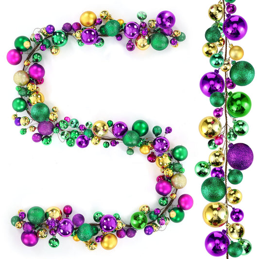 VioraWhite 9Ft Mardi Gras Bead Garland Decoration Ball Ornaments Glitter Purple Gold Green Bulb Garland for Festive Party Supplies Indoor Outdoor Home Carnival Decoration Accessories