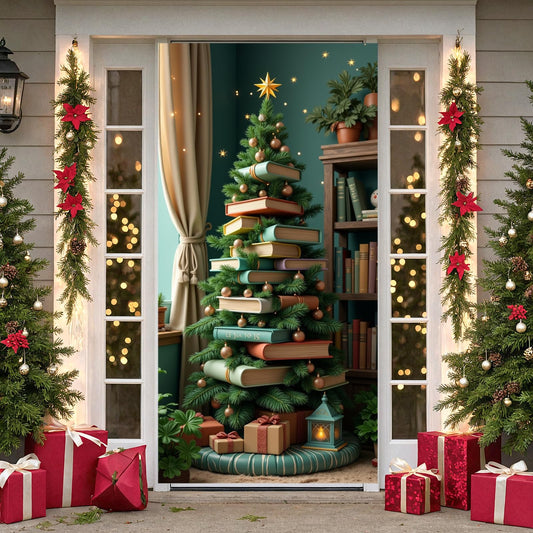 Merry Christmas Door Cover, Christmas Tree Door Hanging Backdrop Decoration Xmas Tree Porch Sign Front Door Banner Gifts for Winter Holiday New Year Xmas Office Home Party Supplies
