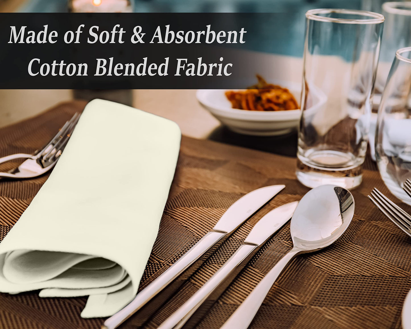 Ruvanti Cloth Napkins Set of 12, 18x18 Inches Napkins Cloth Washable, Soft, Durable, Absorbent, Cotton Blend. Table Dinner Napkins Cloth for Hotel, Lunch, Restaurants, Wedding Parties - Ivory/Cream
