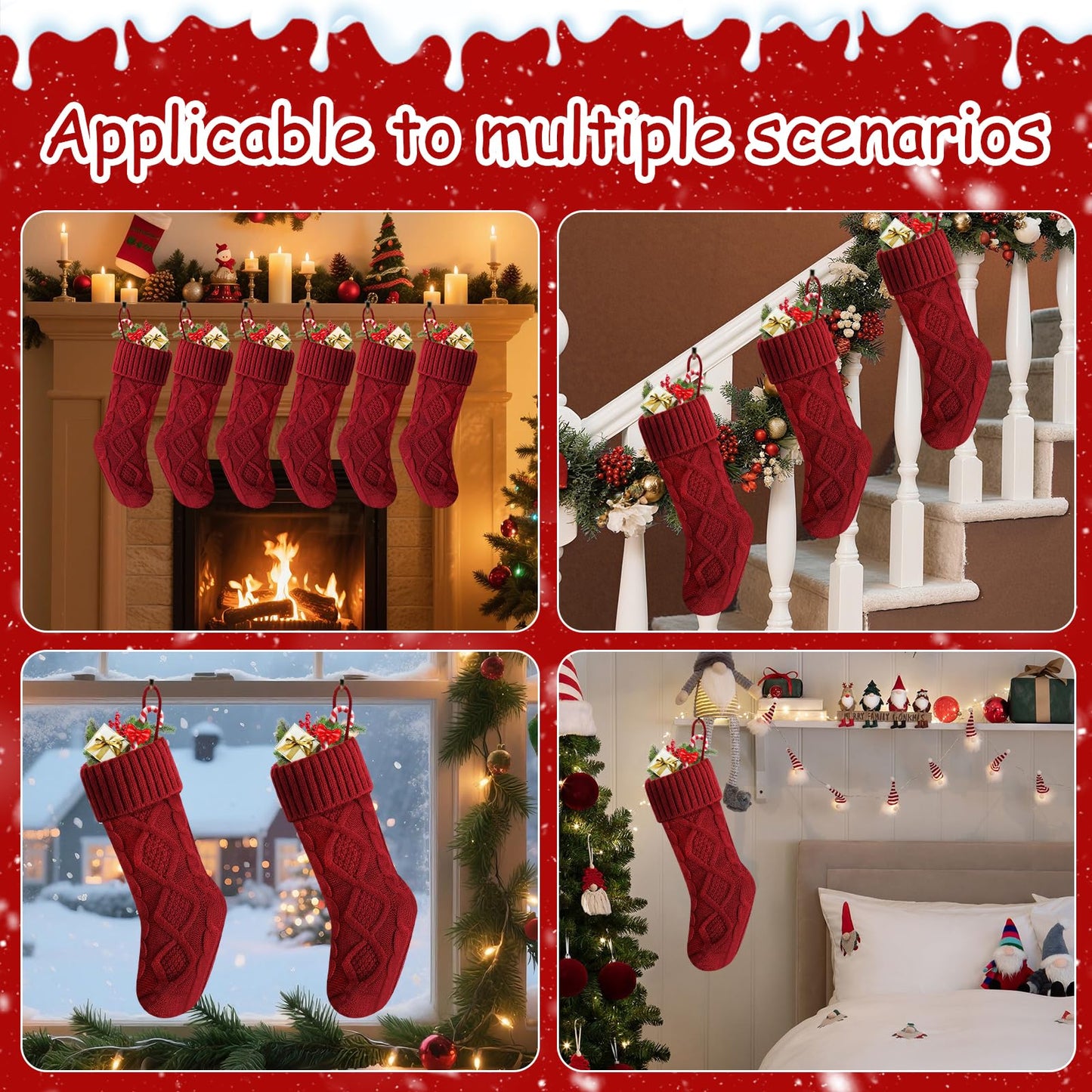 Doitory Christmas Stockings 18 Inches,Long Knitted Socks Christmas Decoration Hanging Stocking Fireplace Xmas Tree Stocking for Home Family（6P-red）
