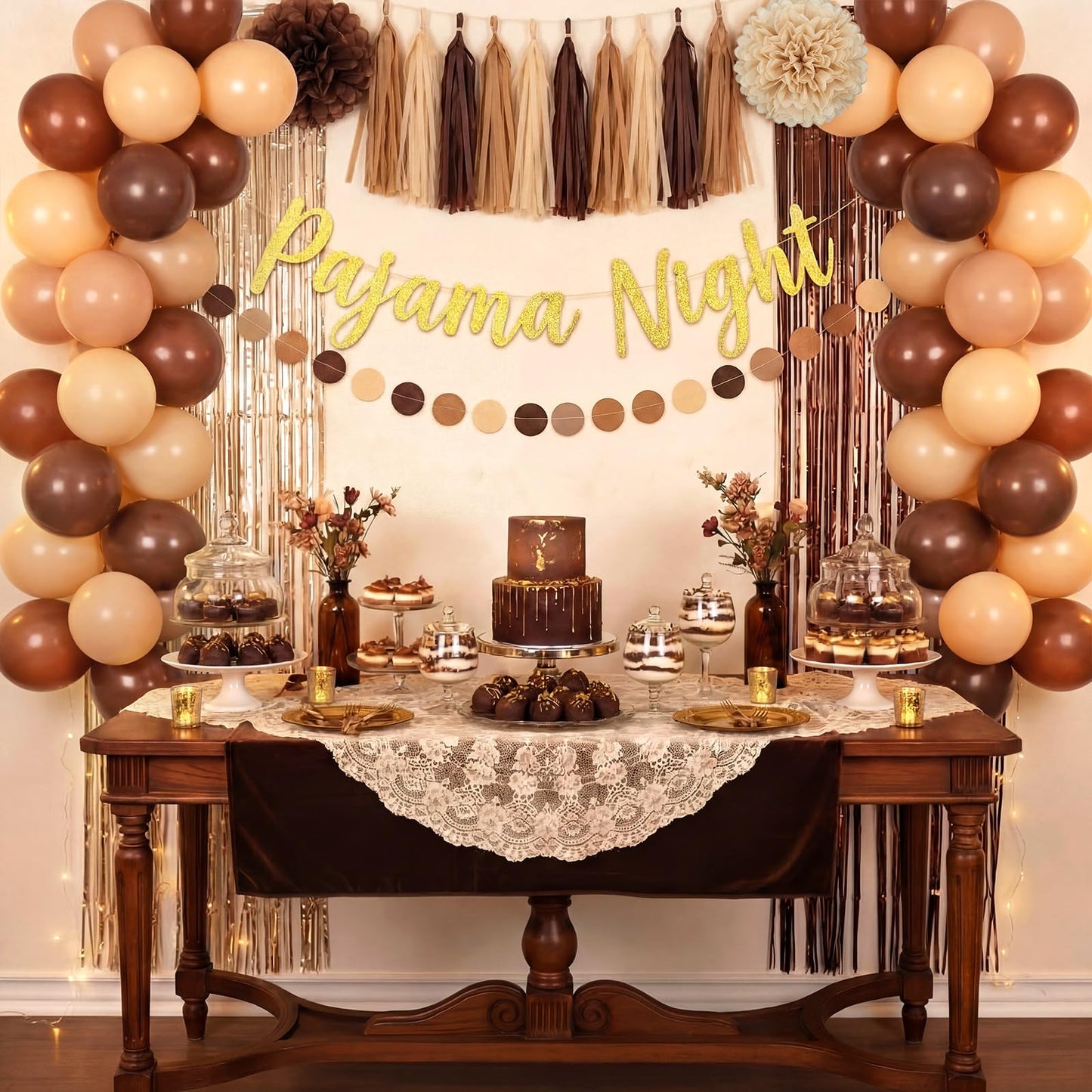 Riceshoot 41 Pcs Brown and Beige Pajama Night Party Decoration Kit Include Pajama Night Banner Paper Pom Poms Tassel Garland Circle Dot Banner Balloons for Gathering Brown Party Decoration Supplies