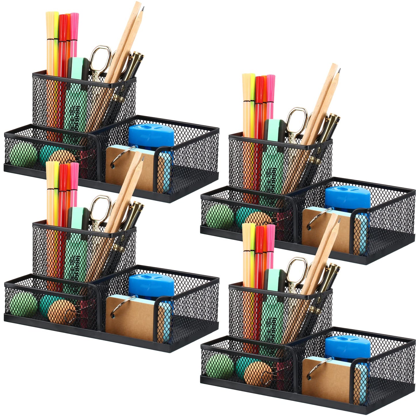Ferraycle 4 Pcs Mesh Desk Organizer 3 Compartments Mesh Pen Holder Sticky Notes Pencil Holder Metal Caddy Desk Pen Organizer for Desktop Accessories Storage Baskets Home Office School(Black)
