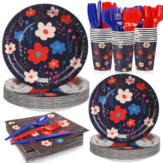 Blushtier 192 Pcs Flowers Paper Plates and Napkins Tableware Set Serves 24 Guests, Black Floral Birthday Party Supplies Disposable Plates Napkins Cups Plastic Knives Fork Spoons Party Decorations