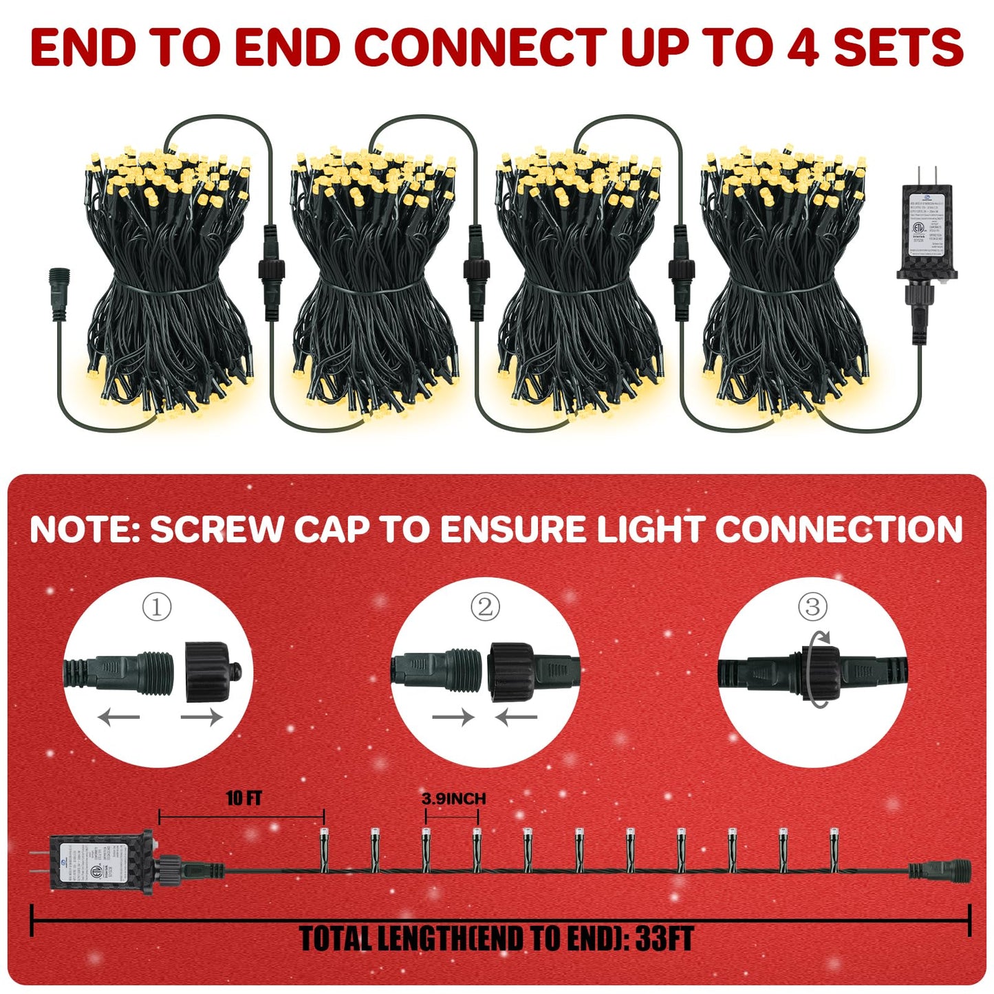 FairyGlim Christmas Lights Outdoor 100LED 33FT, Green Wire Connectable Christmas String Lights | 8 Modes Twinkle Fairy Lights Plug in with Timer, for Indoor Outside Xmas Trees Garden Party, Warm White