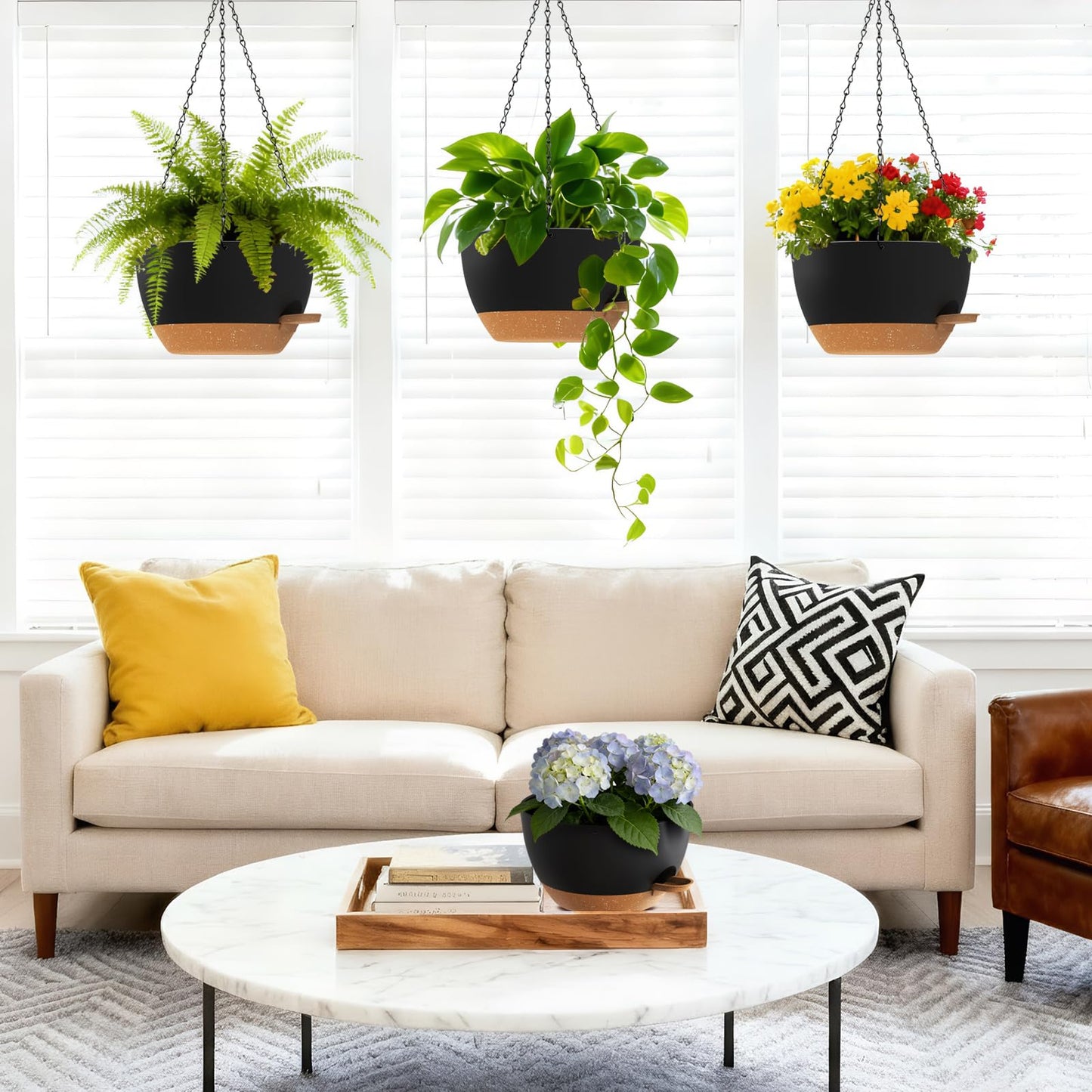 UOUZ Set of 3-10 Inch Self Watering Hanging Planters for Indoor Outdoor，Hanging Plant Pots with Drainage & Removable Tray, Hanging Pots Holder for Ivy, Pothos, Ferns, Balcony & Patio, Black with Brown