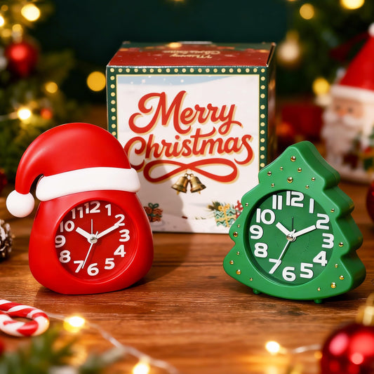 AYRELY® Christmas Alarm Clock Gift Set – 2 Silent Analog Clocks (Santa Hat & Christmas Tree), Ready-to-Gift Holiday Edition for Kids & Family, with Festive Gift Box
