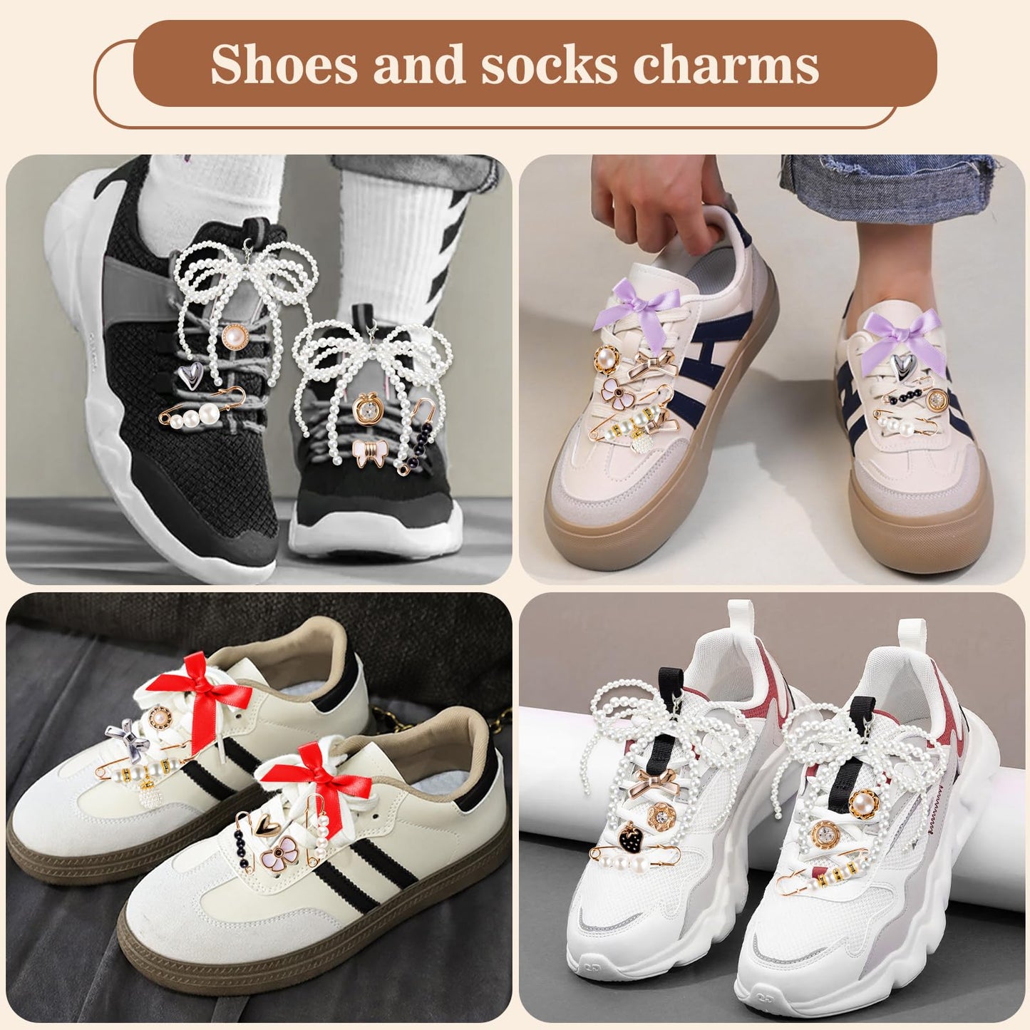 RQAYE 50pcs Shoe Charms for Sneakers & Accessories - DIY Shoe Lace Pearl Rhinestone Brooches and Pins for Women,Junk Socks Charms Kit and Satin Cute Shoelace Accessories