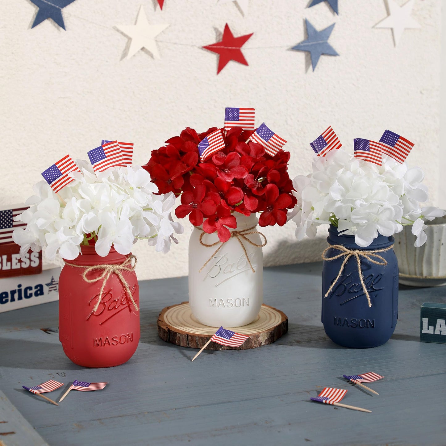 Patriotic Table Decorations, Memorial Day Decor, 250 Anniversary USA Patriotic Mason Jars with Mini American Flags, 4th of July Decorations, Red White and Blue Decor, Patriotic Themed Party Decoration